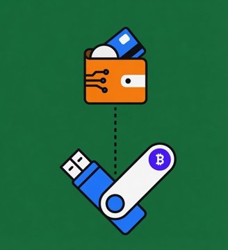 The image shows a stylized icon of an orange hardware wallet connected via a dashed line to a blue USB drive marked with a Bitcoin "₿" symbol, set against a green background. This visually represents the Bitcoin hardware wallet security testing mentioned in the post, illustrating the connection between physical wallet devices and their USB/backup components being scanned for vulnerabilities.