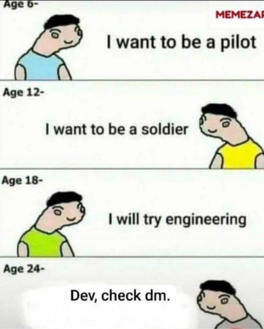 A four-panel meme showing a child's evolving life goals by age: 'Age 6 - I want to be a pilot', 'Age 12 - I want to be a soldier', 'Age 18 - I will try engineering', and 'Age 24 - Dev, check dm.'