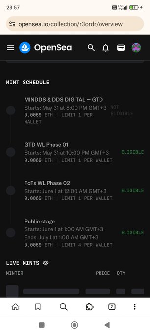 A screenshot of a phone screen displaying an openSea app called "opensea.io". The main window features a list with different cryptocurrency prices, which appears to be a live table showing trading data. The text at the bottom of the frame states that there is a whitelist for @R3ORDR and invites users to join their favorite web3 group.