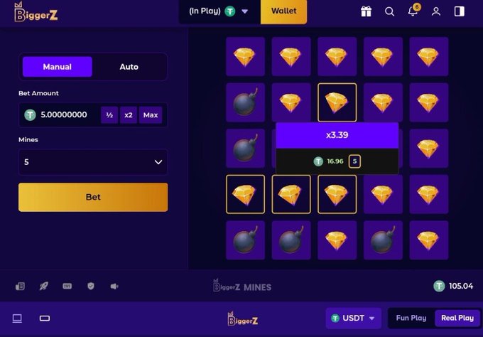A screenshot of the 'BiggerZ' mines gambling game interface showing a bet amount of 5.00000000, 5 mines, and a current multiplier of x3.39.