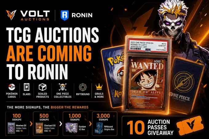The image features a poster for an upcoming auction event at the @ Ronin Network. The poster showcases various collectible items such as Pokémon cards, Pokémon figures, Pokémon trading cards, Pokémon action figures, Pokémon figurines, Pokémon trading cards, Pokémon cards, Pokémon action figures and Pokémon figurines. These items are being offered for sale in the auction, with a focus on Pokémon-related products like Pokémon cards, Pokémon figures, Pokémon trading cards, Pokémon action figures, and Pokémon figurines. The poster also includes information about the event, including the name of the auction platform (@ Ronin Network), the name of the auction host (Ronin), and the name of the auction item being offered (Pokémon).