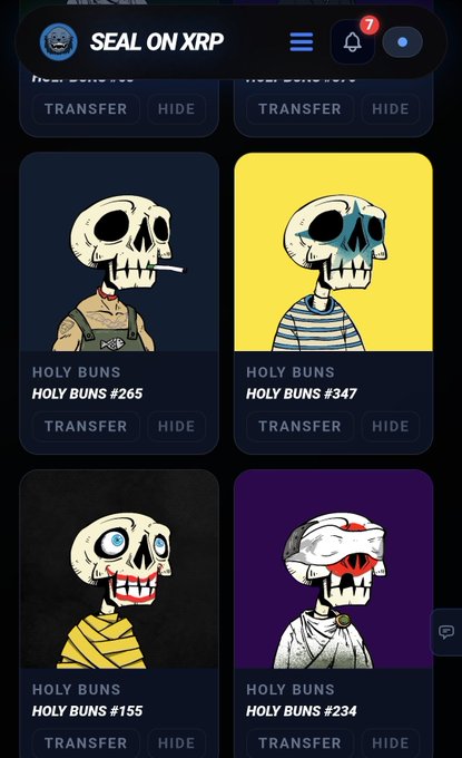 A screenshot of a mobile app interface titled 'SEAL ON XRP' displaying four 'HOLY BUNS' NFT cards featuring different skull illustrations.
