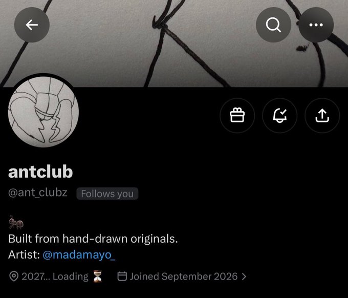 The image shows a social media profile page for "antclub" (@ant_clubz) with a hand-drawn ant logo, featuring the tagline "Built from hand-drawn originals. Artist: @madamayo_" and indicating the account joined in September 2026. This aligns with the post promoting the early-stage art project by artist @madamayo_, showing the official profile where users can follow and position themselves ahead of the upcoming TBA supply mint.