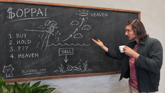 A man holding a white mug gestures toward a chalkboard displaying a $OPPAI diagram outlining a plan: '1. BUY, 2. HOLD, 3. ???, 4. HEAVEN,' with the website FLYOPPAI.COM written below.