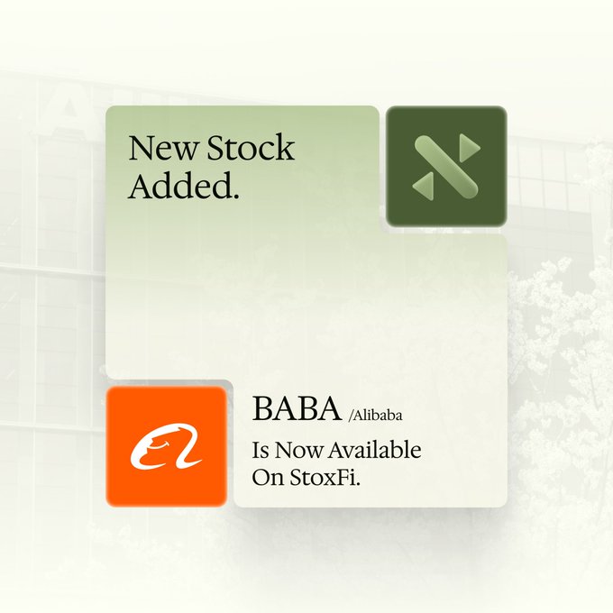 A "New Stock Added" announcement graphic from StoxFi featuring the orange "e2" Alibaba logo alongside the text "BABA/Alibaba Is Now Available On StoxFi." The image visually reinforces the post's message about BABA joining StoxFi's growing lineup of 12 tokenized equities available for onchain trading.