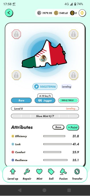 A STEPN app screenshot displays a Mexican flag-themed sneaker NFT with attributes Efficiency 31.8, Luck 41.4, Comfort 25.9, and Resilience 35.1, classified as a "Rare Jogger" shoe mint 0/7 at Level 0. The image relates to the post showing the user's low-tier Mexican flag sneaker that resulted from downgrading event energy usage in the STEPN move-to-earn game.