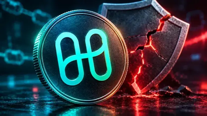 A digital rendering of the Hedera (HBAR) cryptocurrency coin next to a cracked shield, with glowing red and blue lighting effects in a dark setting.