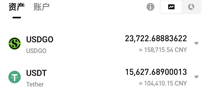 A digital asset wallet interface showing balances for 'USDGO' (23,722.68883622 CNY ≈ 158,715.54) and 'USDT Tether' (15,627.68900013 CNY ≈ 104,410.15) under an '资产' (Assets) tab.