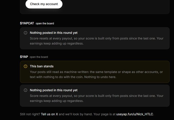 A dark-themed dashboard showing 'SYAPCAT' and '$YAP' boards, with messages stating 'Nothing posted in this round yet' and 'This ban stands' due to machine-written posts.