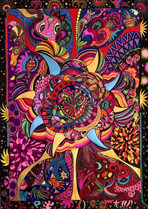 A vibrant, psychedelic illustration featuring a colorful rose with a heart, surrounded by intricate patterns in vivid reds, blues, yellows, and purples.