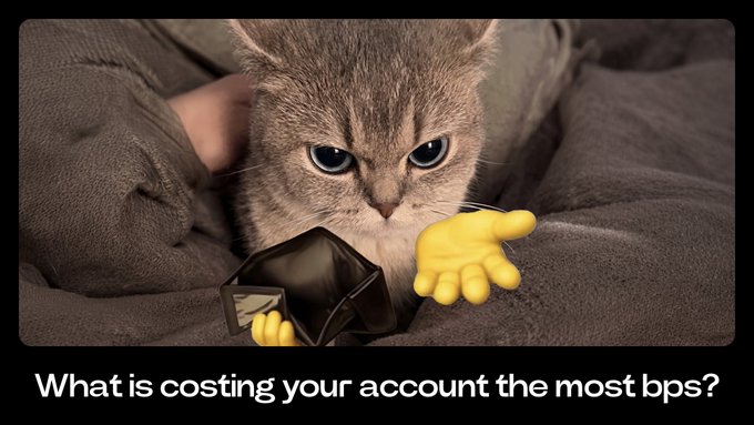 The image shows a cat sitting on top of a bed with its paws outstretched as if reaching for something. The caption below the photo reads "What is costing your account the most Bps?". This suggests that there might be an issue related to fees or expenses affecting the profitability of the trading account, and the cat's actions could symbolize the desire to reach a goal despite these challenges.