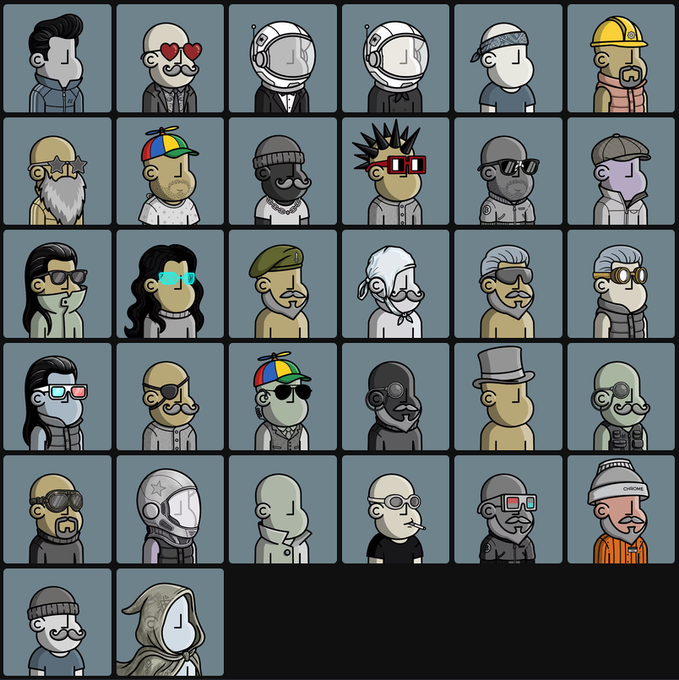 The image displays a grid of 32 distinct cartoon-style NPC characters featuring various hats, glasses, and accessories, each represented with a consistent minimalist design style. This visual collection directly corresponds to the post's reference of "32 NPCs," illustrating the diverse cast of characters that earned "64 Badges" and accumulated "4.8 Million Points" on the @npconchain platform.