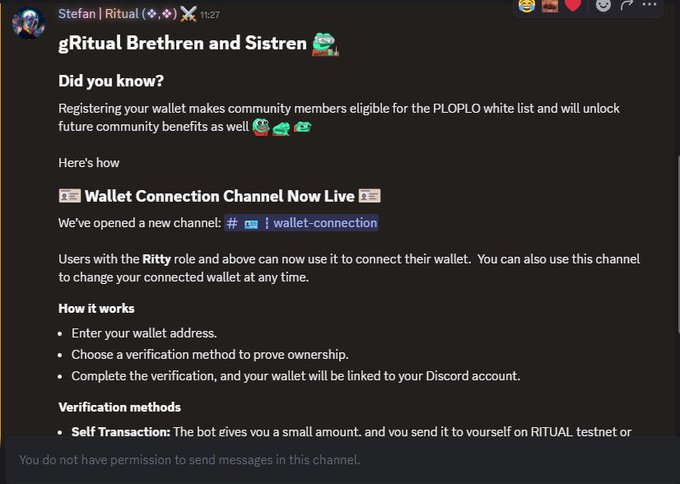 A Discord message from 'Stefan | Ritual' announcing wallet registration for the gRitual community, explaining how to connect wallets for PLOPLO whitelist eligibility, with details on verification methods including self-transaction.