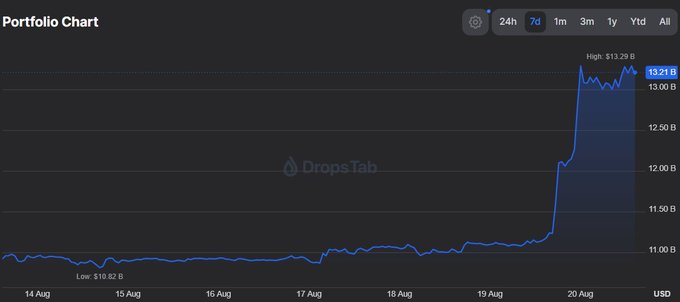 A portfolio chart on DropsTab showing a 7-day performance with a low of $10.82 B and a high of $13.29 B, currently at $13.21 B, displaying a sharp upward spike on August 20.