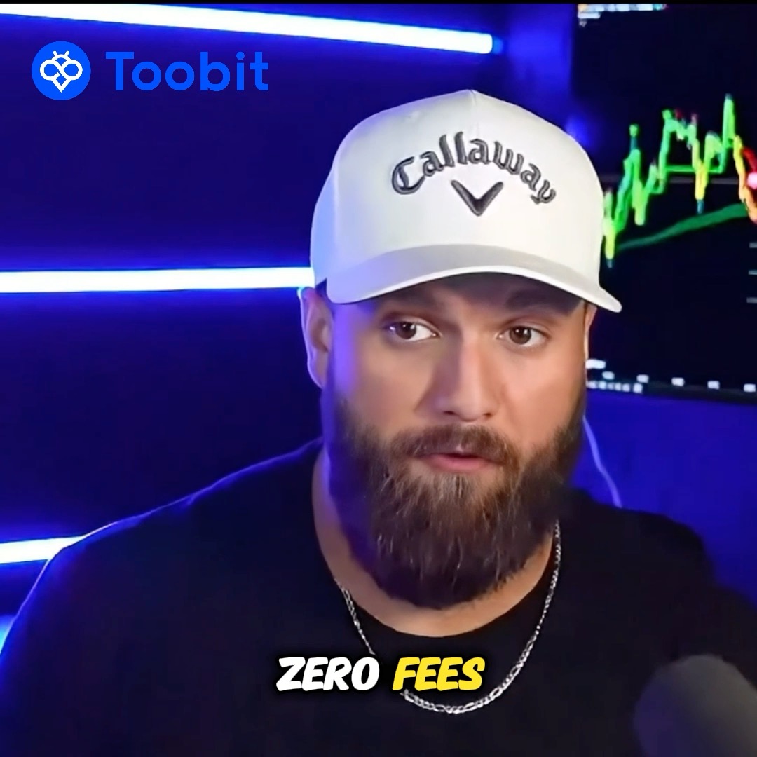 A promotional video thumbnail for the Toobit cryptocurrency exchange featuring a bearded man in a Callaway hat with 'ZERO FEES' text.