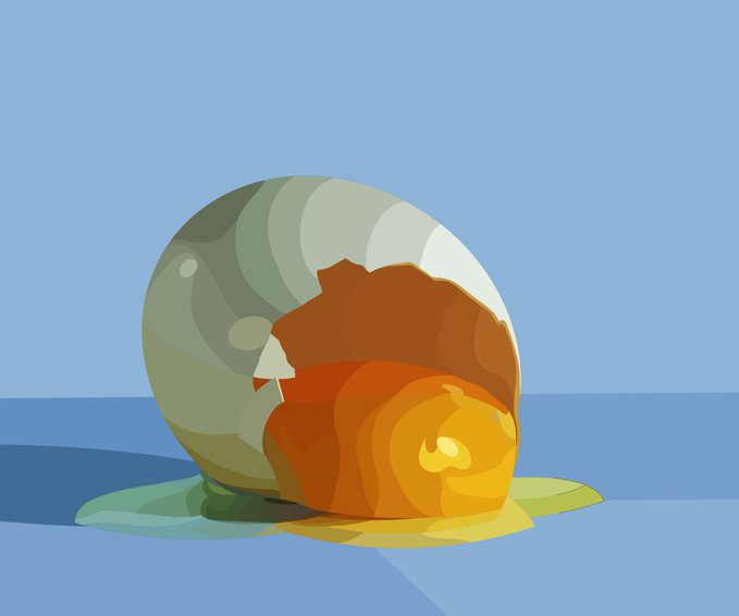 A stylized digital artwork showing a cracked or broken egg-like sphere with a smooth gray/white shell on one side and a glowing orange/amber interior with flame-like elements, resting on a yellow puddle against a blue background.