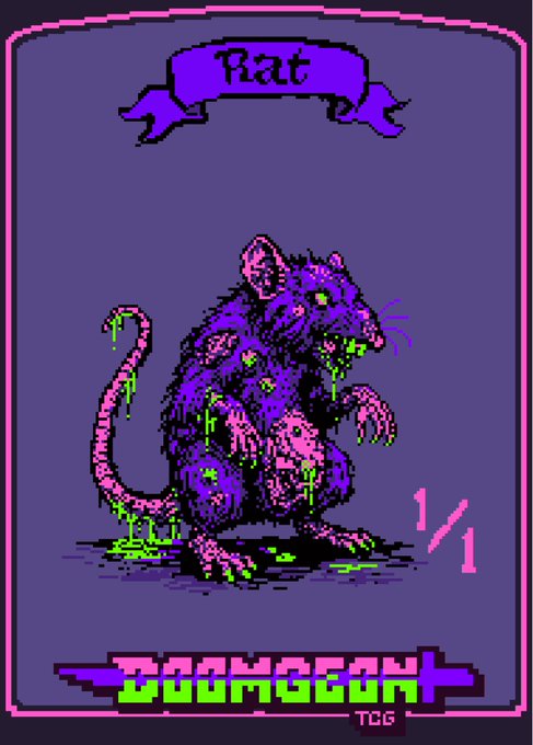 Pixel art tarot-style card titled 'Rat' from the 'Doomcoin TCG', depicting a purple rat dripping with green slime on a blue background, marked as 1/1.
