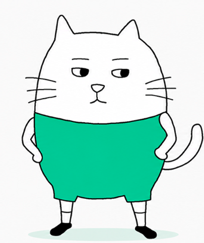 A simple line drawing of a white cat with a bored expression standing with its hands on its hips, wearing a green shirt.