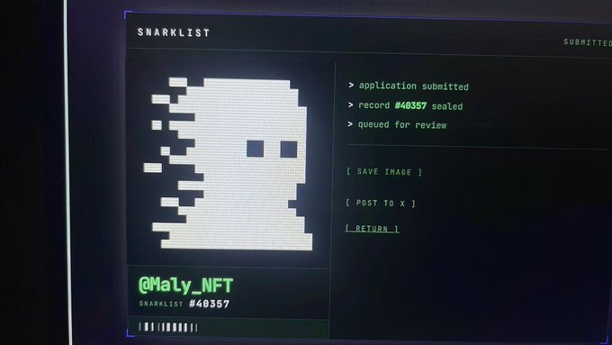 A digital screen displaying a SNARKLIST application for "@Maly_NFT" (Snarklist #48357), showing a pixelated ghost-like avatar and the status "application submitted" / "record #48357 sealed" / "queued for review".