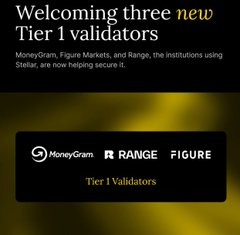 Announcement graphic reading 'Welcoming three new Tier 1 validators,' featuring the logos for MoneyGram, Figure Markets, and Range as the institutions now helping secure the Stelar network.