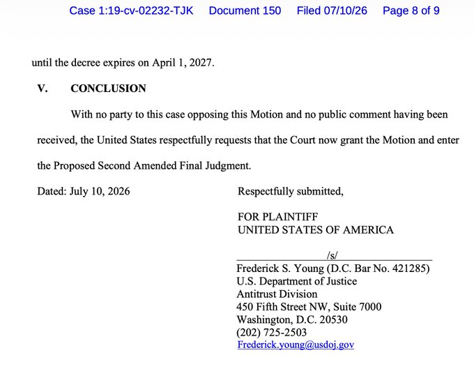 This image shows page 8 of a court document (Document 150) in Case 1:19-cv-02232-TJK, filed July 10, 2026, containing the conclusion section of a Motion requesting entry of a Proposed Second Amended Final Judgment. The signature page identifies Frederick S. Young of the U.S. Department of Justice Antitrust Division as counsel for the United States, dated July 10, 2026—the same date referenced in the post as the "last hurdle cleared" for $ECHO's repricing to $190 NAV.