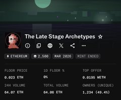 The image shows an NFT collection called "The Late Stage Archetypes" minted on Ethereum, with a total supply of 2,500 pieces at a floor price of 0.023 ETH and 64.07 ETH in 24-hour volume, supporting the post's claim about artist WizardX choosing to mint on Ethereum mainnet rather than Robinhood.