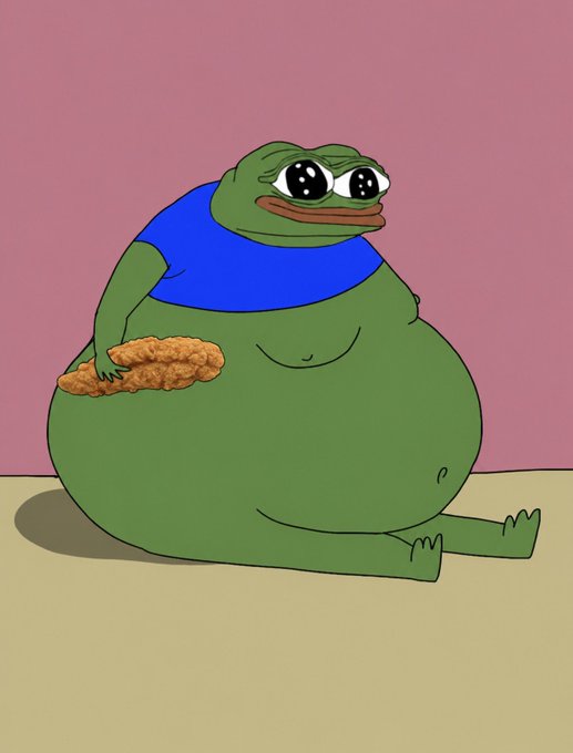 A cartoon image of the Pepe the Frog character depicted as very overweight, wearing a blue shirt, and holding a chicken tender.