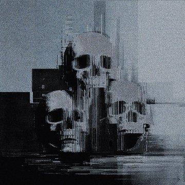 A glitchy, distorted monochromatic image showing three overlapping skull-like faces with scan lines and digital artifacts in black and grey tones.