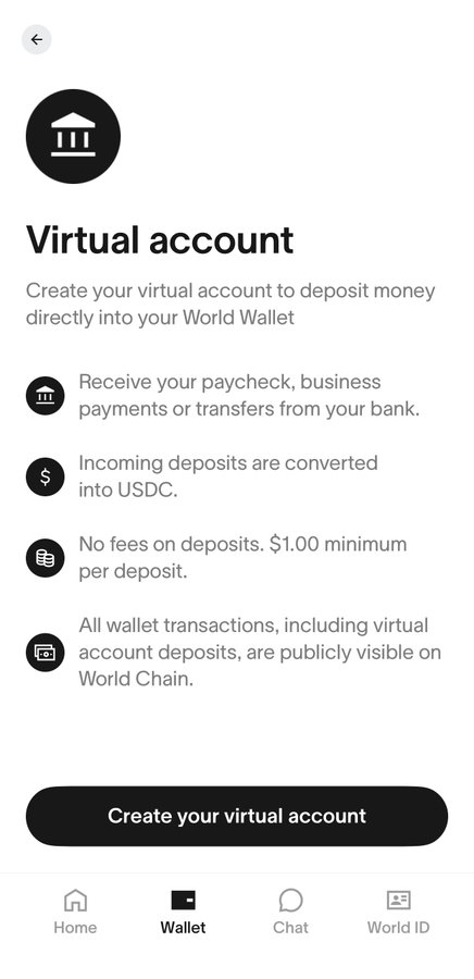 A mobile app screen for creating a 'Virtual account' in World Wallet, explaining that deposits are converted to USDC with a $1.00 minimum and are publicly visible on World Chain.