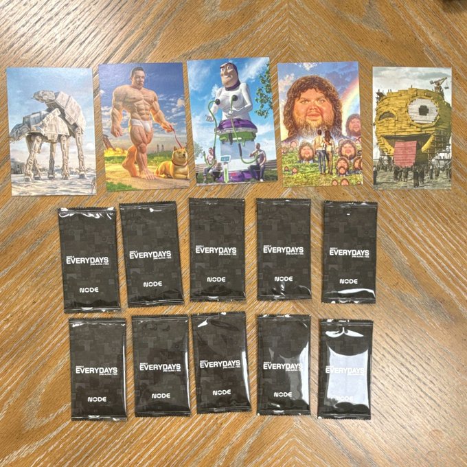 The image shows a collection of trading cards, including Pokemon cards, spread out on a wooden surface. The cards are arranged in two rows with seven cards in each row. Some of these cards feature characters from the movie "Everyday", which is likely related to the post about trading cards. The cards include various Pokemon characters and their unique abilities or poses.