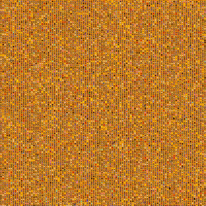 An abstract, textured pattern composed of thousands of tiny squares in shades of brown, yellow, and orange, resembling a pixelated or mosaic artwork.