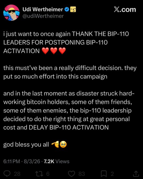 A tweet from Udi Wertheimer (@udiWertheimer) on X.com dated 6:11 PM · 8/3/26, thanking 'THE BIP-110 LEADERS FOR POSTPONING BIP-110 ACTIVATION' with multiple red heart emojis and sarcastically praising their decision during disaster, ending with 'god bless you all' and pleading face emojis.