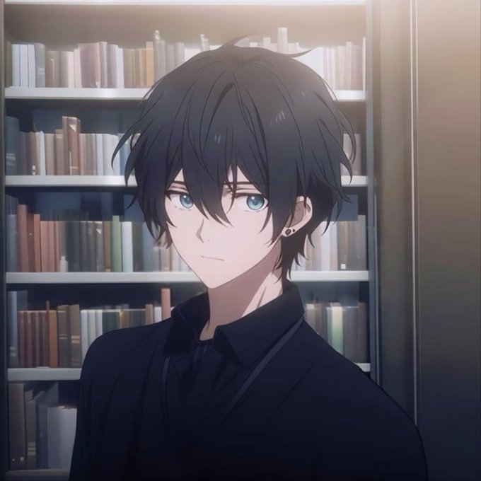 An anime-style illustration of a young man with messy dark hair and striking blue eyes, wearing a black collared shirt, standing in front of a bookshelf filled with books.