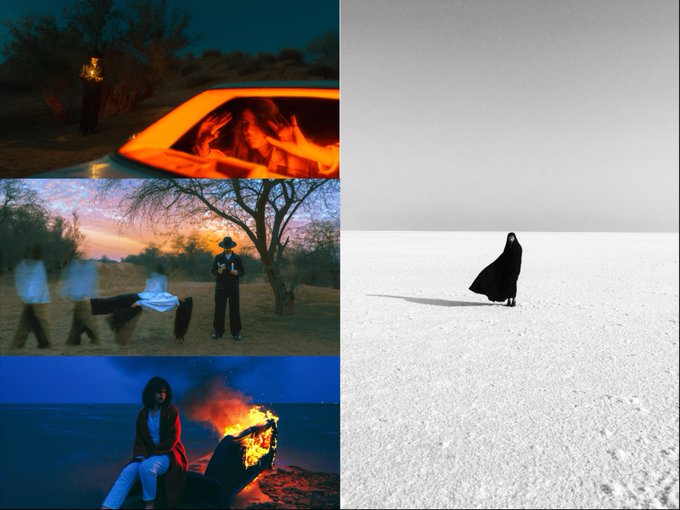A collage of four artistic photographs featuring moody, surreal scenes—including a glowing orange tunnel, ghostly figures in a desert at sunset, a person beside a burning object on a beach, and a lone cloaked figure walking across a vast white expanse—paired with the post "GM My 1/1's on SuperRare!" which highlights these images as unique (1/1) NFTs listed on the SuperRare marketplace.
