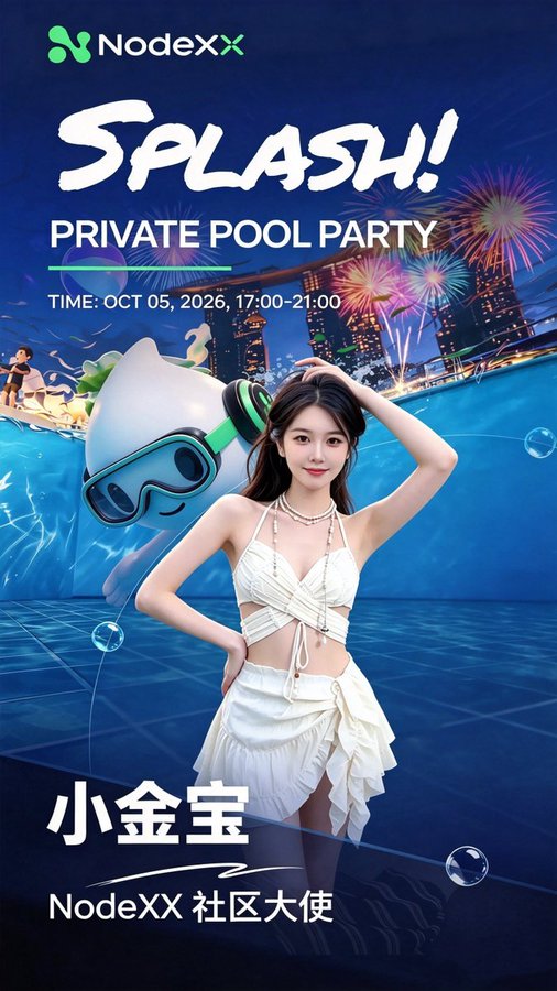 Promotional poster for a NodeXX 'Splash! Private Pool Party' on Oct 05, 2026, 17:00-21:00, featuring 小金宝 as the NodeXX 社区大使.