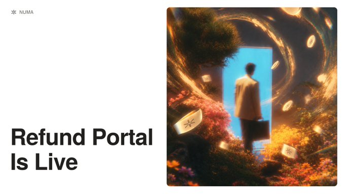 The image shows a NUMA-branded announcement titled "Refund Portal Is Live" alongside an artistic illustration of a figure walking through a glowing portal surrounded by golden foliage and abstract elements. The graphic visually reinforces the post's message about a new refund portal being available to compensate wallets that minted at the higher $6 price during NUMA's mint event.