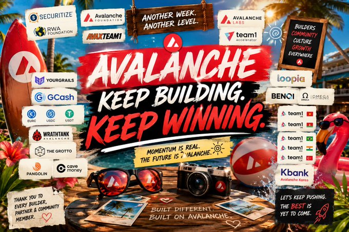 An Avalanche blockchain promotional graphic reads 'ANOTHER WEEK, ANOTHER LEVEL' and 'AVALANCHE KEEP BUILDING. KEEP WINNING,' surrounded by partner logos including Securitize, Avalanche Foundation, RWAfoundation, AMXTEAM, Avalanche Labs, team1, Loopia, BENQI, Omega, Kbank Avalanche Korea, GCash, WrathTank, The Grotto, Pangolin, and Cave Money, set against a tropical beach scene.