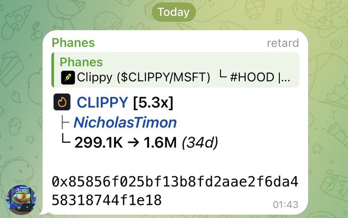 The image shows a Telegram message from user "Phanes" at 01:43, highlighting a successful call on Clippy ($CLIPPY/MSFT) with ticker #HOOD, which returned 5.3x—shares went from 299.1K to 1.6M in 34 days. The accompanying post celebrates this achievement, noting the 5x return aligns with the trader's claim of "cooking" with a good call despite being inactive the previous day.
