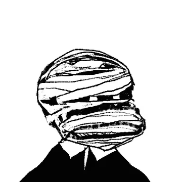 A black and white sketch of a figure in a suit with a head wrapped entirely in bandages.