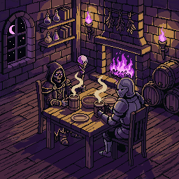 Pixel art illustration of a hooded cloaked figure and an armored knight sharing a meal and drinks at a wooden table inside a stone tavern lit by a purple fire and candles.