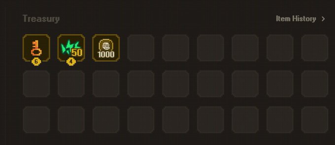 A "Treasury" inventory screen displaying three won rewards—a card with a "6" level indicator, 50 green gems, and 1000 coins—with an "Item History" option in the top right. This shows the rewards page where MattleFun users can view and claim their Seeker Loot Party winnings as described in the instructions.