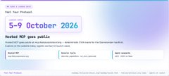The image shows a webpage header for "PK 5-9 October 2026" titled "Needed MCP goes public," featuring the logo for "feelyourprotocol.org" and a navigation menu with "About MCP," "MCP Announcement," and "MCP Code." It relates to the post by displaying the MCP launch event page that the author references regarding EIP-2780 and the Glamsterdam EIPs discussion.