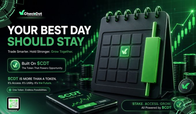 A green-themed cryptocurrency advertisement for 'CheckDot' featuring the tagline 'YOUR BEST DAY SHOULD STAY' and promoting the '$CDT' token with a calendar graphic.
