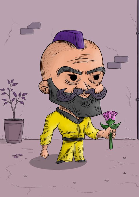 A cartoon illustration of a bald man with a thick gray beard and a purple mohawk, wearing a yellow outfit and holding a pink flower, standing against a pink wall with a small potted plant.