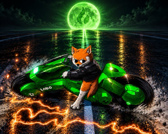 A stylized illustration shows an orange fox wearing sunglasses riding a green glowing motorcycle labeled 'LOBO' on a road with orange lightning effects, beneath a large green glowing moon over dark waters.