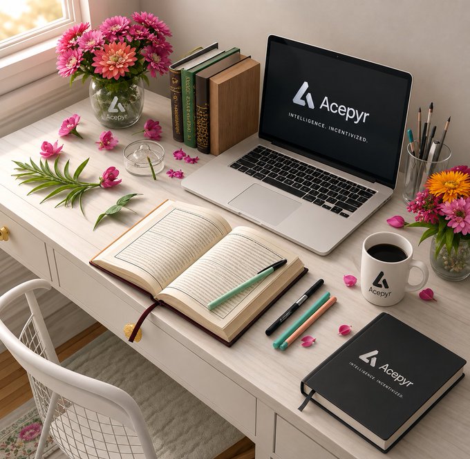 A bright workspace setup featuring a laptop displaying the 'Acepyr' logo with the tagline 'INTELLIGENCE. INCENTIVIZED.', alongside an open book, flowers, and branded mug and notebook.