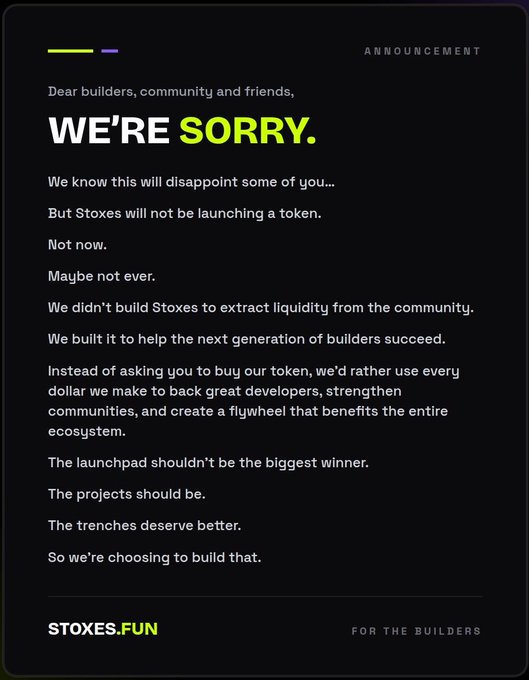 An announcement from Stoxes.fun with a dark background, featuring the large text 'WE'RE SORRY.' The message states that Stoxes will not be launching a token, aiming instead to support the community.