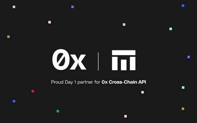 The image features a black background with white text that reads "OX & M". The text is surrounded by small squares of various colors, creating an abstract pattern. Below this, there's a block of text that says "Proud Day 1 partner for 0x Cross Chain API", and it also includes the words "Cross Chain API" in smaller font size.