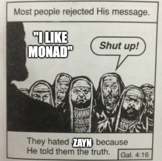 The image features a comic strip with a group of people gathered around a man who has a speech bubble above his head that says " Shut up!". The text below the comic strip reads, "Most people rejected His message. 'I like Monad' they hated Zayn because he told them the truth."