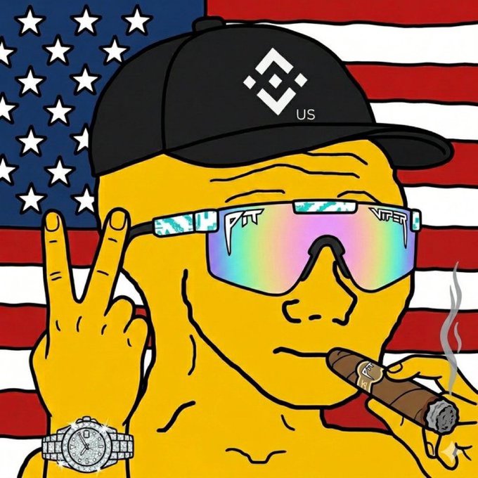 The image features a cartoon depiction of an individual wearing sunglasses, a hat with a logo, and holding a cigar. The person appears to be making peace signs while smoking a cigar. In the background, there are stars and stripes representing the American flag. The caption on the image reads "$WOJAK on ETH". This suggests that the post might be related to a discussion or exchange about a particular cryptocurrency called Wojak.